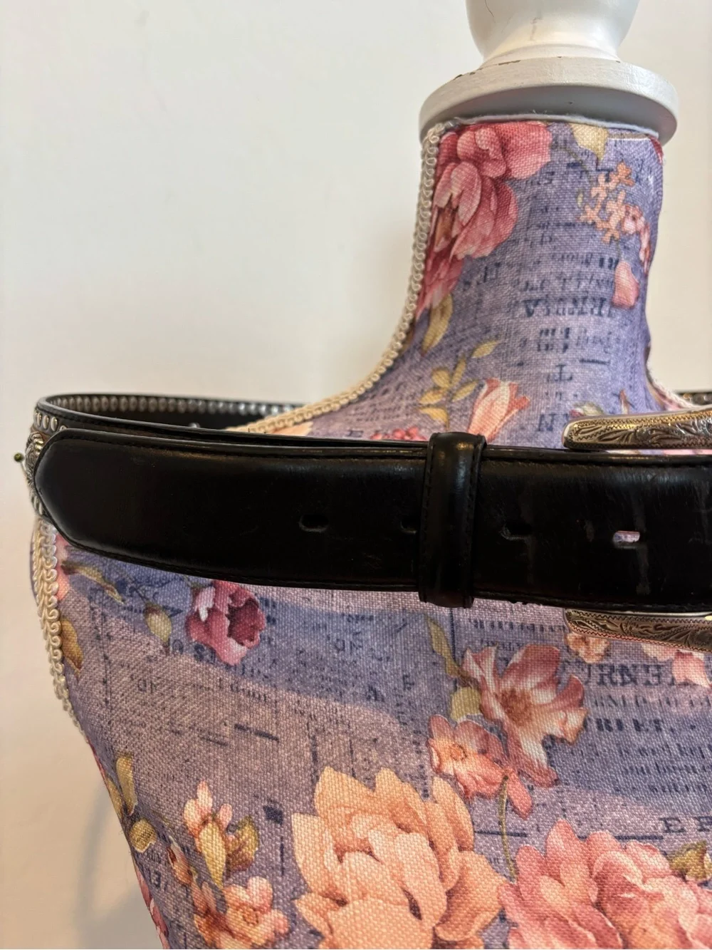 Western Studded Tooled Black Leather Belt with Silver Buckle